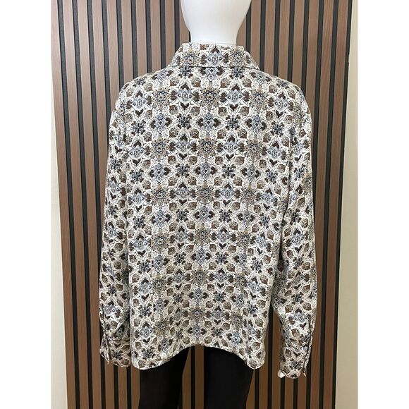 I.E. Women's 20 Brown Button-Up 100% Silk Shirt Floral Casual Chic Boho Work - Picture 2 of 8